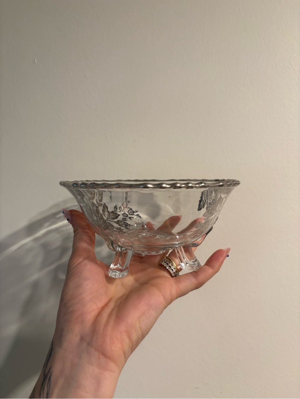 Vintage Footed Glass Bowl Silver Floral Rose Etched Serving Candy Dish Scalloped